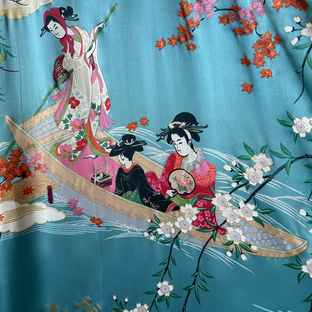 100% Silk Geisha Kimono/Robe Long Blue ,Boat And Floral Motifs-Made in Japen !đ - Picture 7 of 14